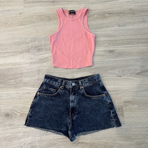 Kittenish blue jean shorts and pink ribbed tank top bundle - Picture 1 of 8